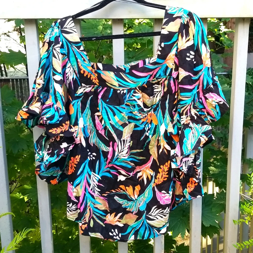 Plus Size Floral Cotton Blouse Square Neck Bell Sleeve Top Artsy Cottagecore NWT